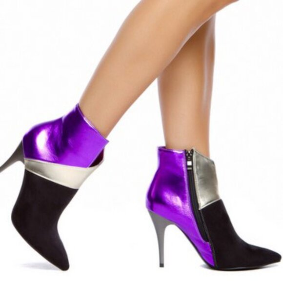 ShoeDazzle Suprema Booties Women 7 Black Purple Heels Closed Toe Colorblock Boot - Picture 2 of 11